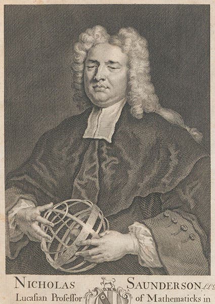 Portrait of Nicholas Saunderson, engraved frontispiece to his The Elements of Algebra, vol. 1, 1740 (Linda Hall Library)