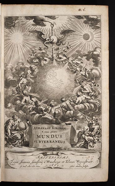 Engraved title page, Athanasius Kircher, Mundus subterraneus, vol. 1, 1665 (Linda Hall Library)
