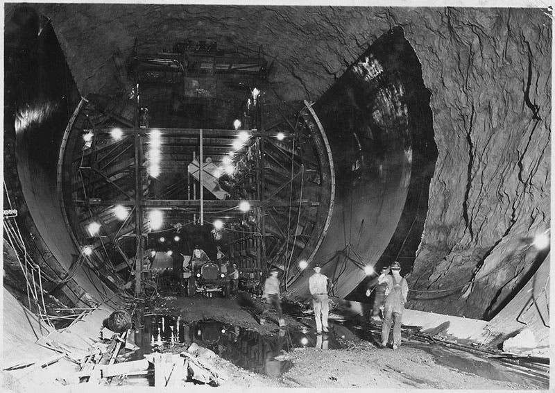 Pouring concrete in a Hoover Dam diversion tunnel, photograph, ca 1932 (pbs.org)