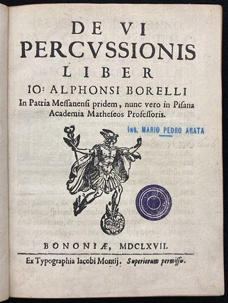 Title page, De vi percussionis liber, by Giovanni Alfonso Borelli, 1667 (Linda Hall Library)
