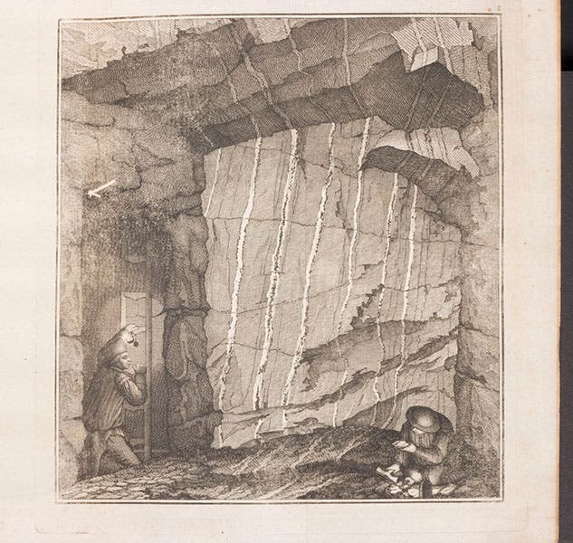Interior of silver mine in Saxony, engraving in Johann von Charpentier, Mineralogische Geographie der Chursächsischen Lande, 1778 (Linda Hall Library)