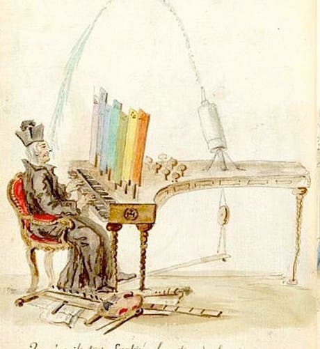 A caricature of Louis Castel playing an imaginary ocular harsichord, by  Charles Germain de Saint Aubin, in the Rothschild Collection, National Trust, undated but ca 1740 (Wikimedia commons)