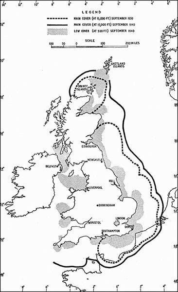 Map of radar coverage provided by the Chain Home system.  The dark outer line marks the extent of radar coverage at the time of the Battle of Britain, Sept. 1940 (Wikimedia commons)