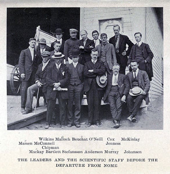 Group photo of members of the Karluk expedition before setting out; James Murray is the second from right in the front row, 1913 (Wikimedia commons)