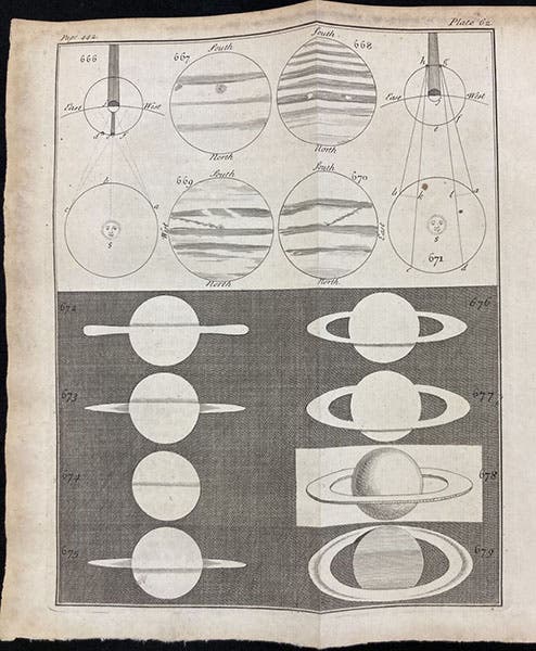 Various telescopic views of Jupiter and Saturn, engraving in A Compleat System of Opticks, by Robert Smith, plate 62, 1738 (Linda Hall Library)