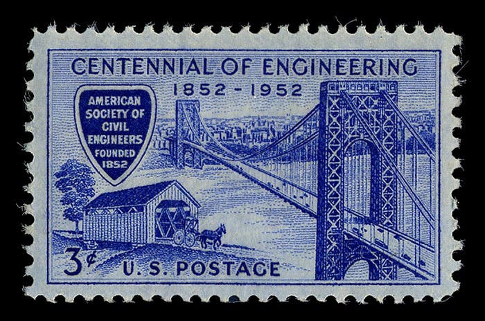 U.S. postage stamp showing the George Washington Bridge, issued in 1952 to commemorate the centennial of the founding of the American Society of Civil Engineers, National Postal Museum (postalmuseum.si.edu)