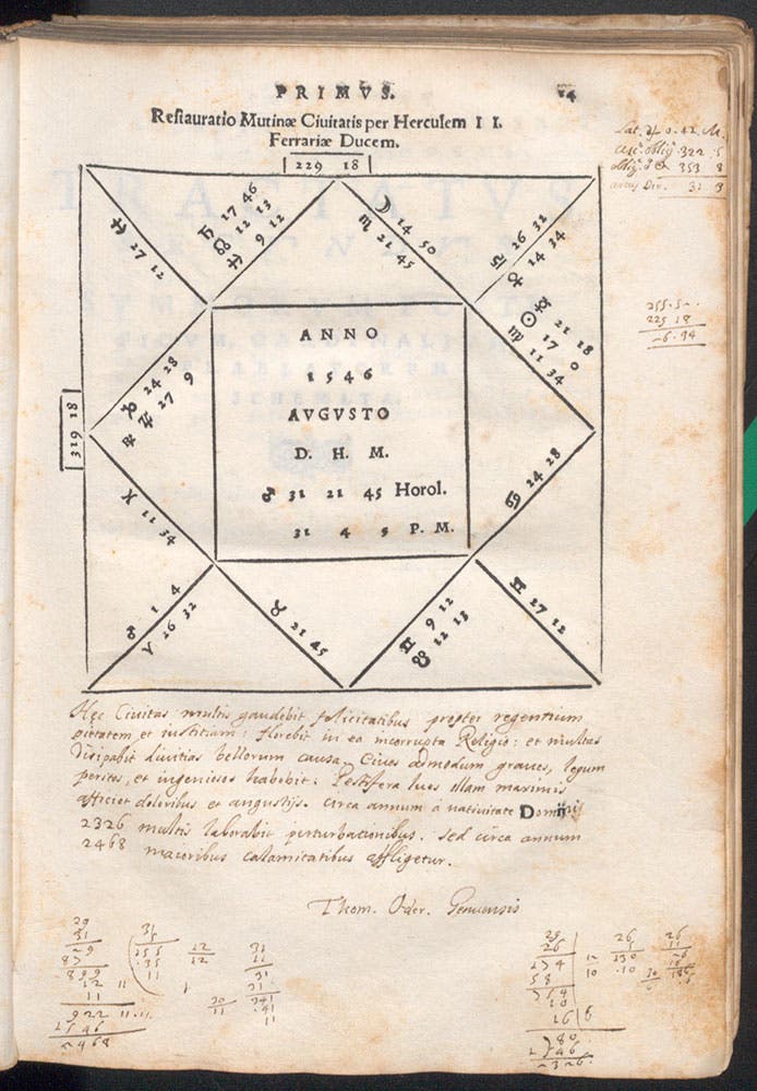 Horoscope for Ferrara, restored in 1546, with annotations by Tomasso Oderico, in Tractatus astrologicus, by Luca Gaurico, 1552 (Linda Hall Library)