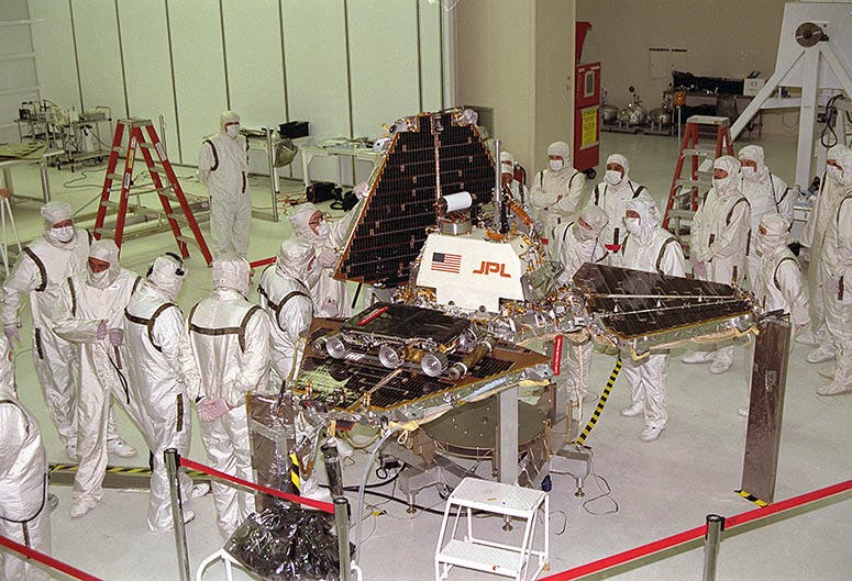 Sojourner about to be sealed up within the three “flaps” of Pathfinder, Jet Propulsion Laboratory, 1997 (Wikimedia commons)