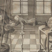 Electrified boy suspended on cords, detail of engraved frontispiece, Christian August Hausen, Novi profectus in historia electricitatis, 1743 (Linda Hall Library)
