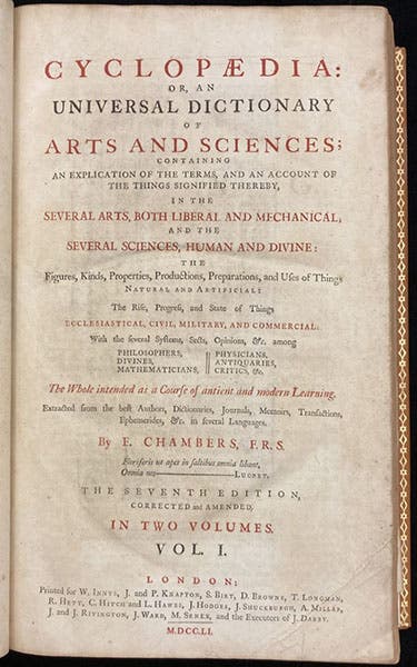 Title page, Cyclopædia, or, an Universal Dictionary of Arts and Sciences, by Ephraim Chambers, 7th ed., vol. 1, 1751-52 (Linda Hall Library)