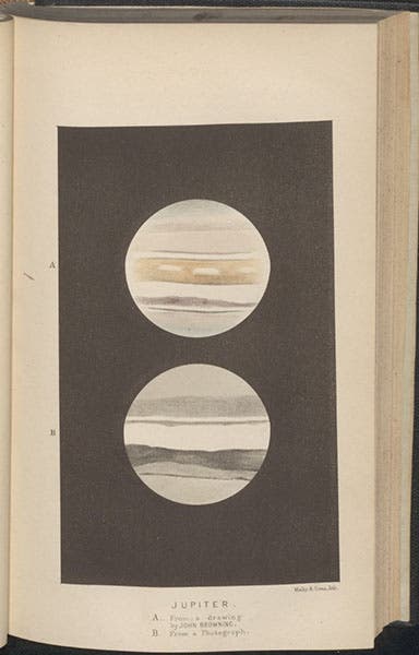Two view of Jupiter, the top drawn at the telescope by John Browning, the bottom drawn from a photographic negative taken by Warren De la Rue, lithographed plate in Monthly Notices of the Royal Astronomical Society, vol. 31, 1870-71 (Linda Hall Library