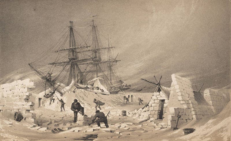 “Completing the snow walls during a heavy gale”, engraving by George Back in his Narrative of an Expedition in H.M.S. Terror, 1838 (Linda Hall Library)