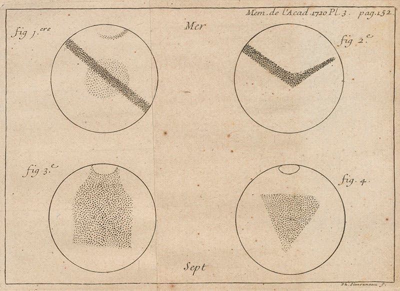 Four drawings of Mars made during the 1719 opposition, engraving, in Giacomo Maraldi, "Observations sur les taches de Mars", Memoires de l'Academie Royale des Sciences, 1720 (Linda Hall Library)