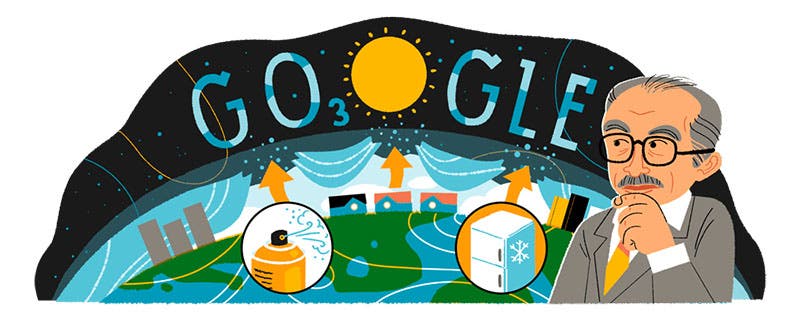 Google Doodle for Mar. 19, 2023, honoring Mario Molina’s 80th birthday; notice how the first “O” of Google has acquired a subscript “3” so that it now represents an ozone molecule (doodles.google)