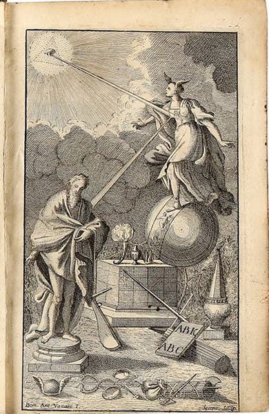 Engraved emblematic frontispiece, Principi de scienza nuova, by Giambattista Vico, vol. 1, Naples, 1744, from a copy offered for sale by Libreria Antiquaria Gonnelli, Florence (gonnelli.it)