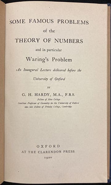 Title page, Some Famous Problems of the Theory of Numbers and in particular Waring's problem: An Inaugural Lecture Delivered before the University of Oxford, by G.H. Hardy, 1920 (Linda Hall Library)