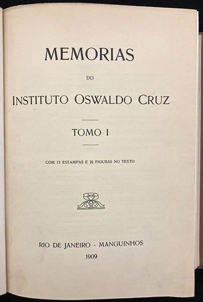 Title page, volume 1, Memórias do Instituto Oswaldo Cruz, 1909 (Linda Hall Library)