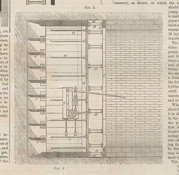 Alfred Beach’s tunnelling shield for the Broadway Tunnel, with cutting edge at left, the hydraulic rams at D, the hand-operated hydraulic pump at F, and the completed ceramic-lined tunnel at right, Scientific American, vol. 22, Mar. 5, 1870 (Linda Hall Library)
