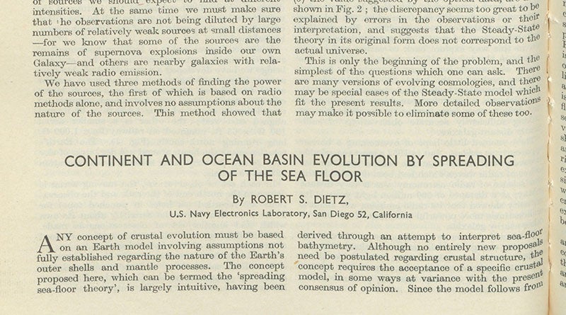 The opening paragraph of "Continent and Ocean Basin Evolution by Spreading of the Sea Floor," by Robert S. Dietz, Nature, vol. 190, 1961 (Linda Hall Library)
