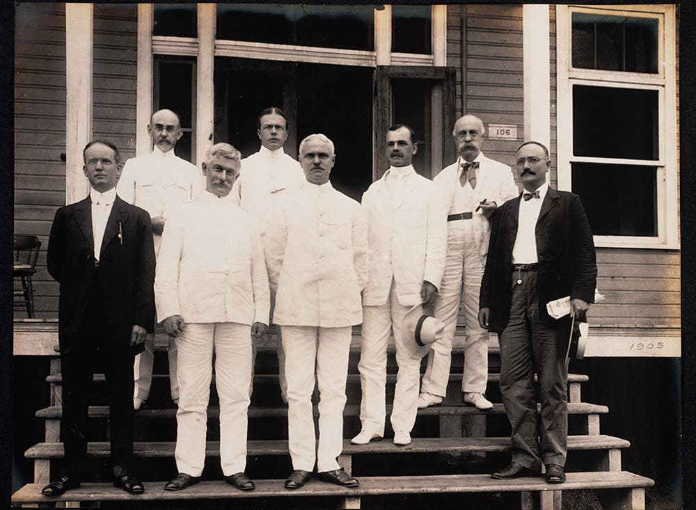 Members of the Third Canal Commission for Canal Construction, 1907/1908.
From left to right: Jackson Smith, Joseph Bucklin Bishop, Col. William C. Gorgas, H.H. Rousseau, Col. George W. Goethals, Lt. Col. David D. Gaillard, J.C.S. Blackburn, Maj. William L. Sibert. 
View in Digital Collection »