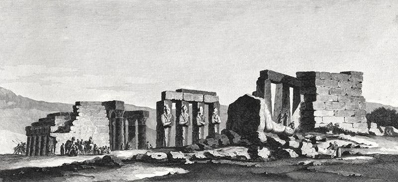 Ruins of the Memnomium, west bank of the Nile, engraving after Domenique-Vivant Denon, in Histoire scientifique et militaire de l'expédition française en Egypte, by Louis Reybaud, Atlas vol. 1, 1830-36 (Linda Hall Library)