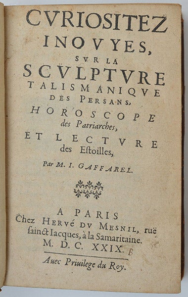 Title page, Curiositez inouyes, by Jacques Gaffarel, 1629 (Földvári Books, Budapest)