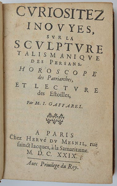 Title page, Curiositez inouyes, by Jacques Gaffarel, 1629 (Földvári Books, Budapest)