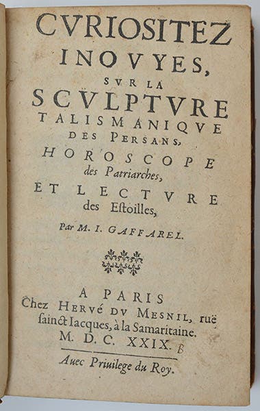 Title page, Curiositez inouyes, by Jacques Gaffarel, 1629 (Földvári Books, Budapest)