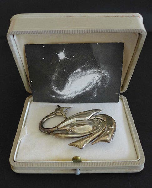 Custom-made pin in the shape of a galaxy, designed for the occasion of the award of the Annie Jump Cannon Prize to Margaret Harwood, 1961 (Joanne Donovan, photo archivist, Schlesinger Library, Radcliffe Institute)
