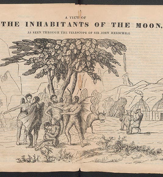 “A view of the inhabitants of the Moon, as seen through the telescope of Sir John Herschel," woodcut centerfold in The History of the Moon. or an Account of the Wonderful Discoveries of by Sir John Herschel, [by Richard Adams Locke],1835 (Linda Hall Library)