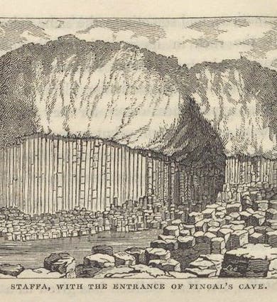 A view of Staffa and Fingal’s Cave, wood engraving, in William Thomas Brande, <i>Outlines of Geology</i>, 1829 ed. (Linda Hall Library)