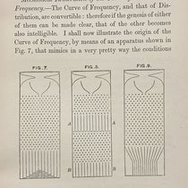 A “Galton board” for demonstrating normal distribution and the bell curve, diagram in Natural Inheritance, by Francis Galton, p. 63, 1889 (Linda Hall Library)