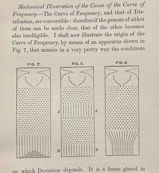 A “Galton board” for demonstrating normal distribution and the bell curve, diagram in Natural Inheritance, by Francis Galton, p. 63, 1889 (Linda Hall Library)