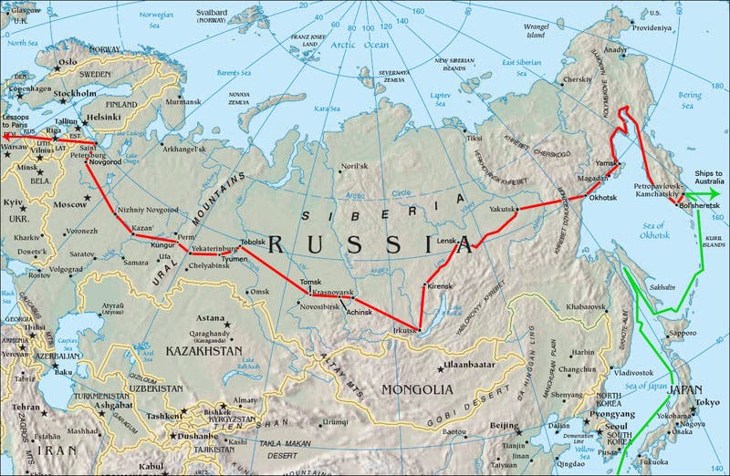 Modern map of de Lesseps’ crossing of Russia, on foot and by sled and cart, 1787-88 (Wikimedia commons)