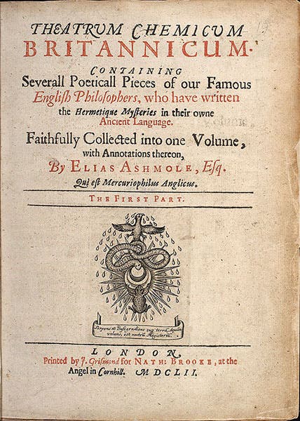 Title page, Theatrum chemicum Britannicum, by Elias Ashmole, 1652, copy at the University of Pennsylvania Libraries (Wikimedia commons)
