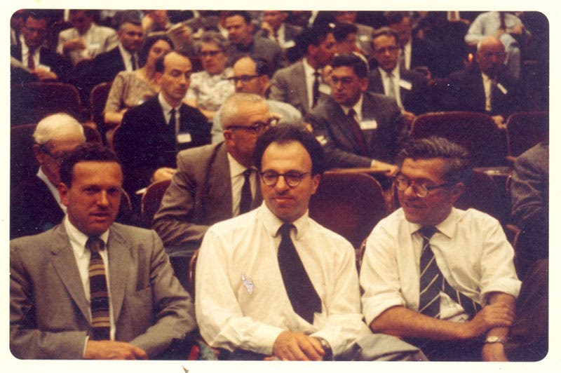 The three proponents of the Steady State theory: Hermann Bondi (center), Thomas Gold (left) and Fred Hoyle (right), photograph, ca 1960 (joh.cam.ac.uk)