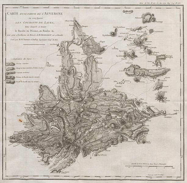 Geological map of Auvergne region of France, by Nicolas Desmarest, Memoires de l’académie royale des sciences pour 1771 (Linda Hall Library)