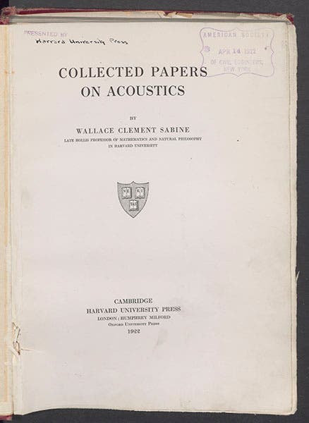 Title page, Wallace Sabine, Collected Papers on Acoustics, 1922 (Linda Hall Library)