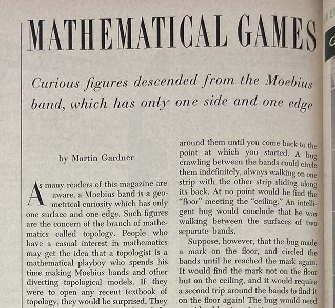 Opening paragraph of “Curious figures descended from the Moebius band, which has only one side and one edge,” Mathematical Games column by Martin Gardner for Scientific American, June 1957, p. 166 (Linda Hall Library)