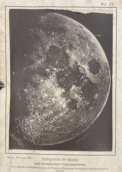 The Moon, Mar. 6, 1865, reduced copy of original print by Lewis M. Rutherfurd, frontispiece in Die chemischen Wirkungen des Lichts und die Photographie: in ihrer Anwendung in Kunst, Wissenschaft und Industrie by Hermann Wilhelm Vogel, 1874 (Linda Hall Library)
