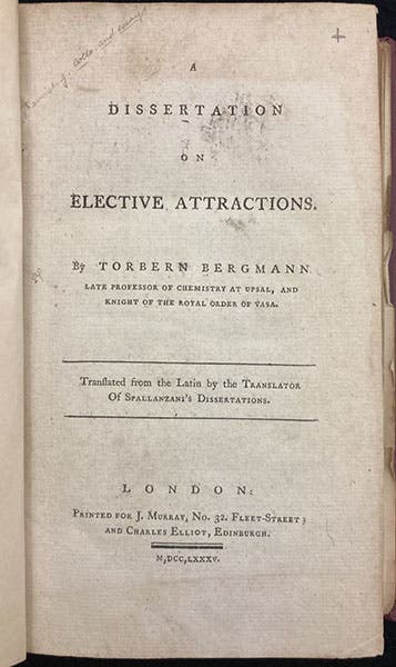 Title page, A Dissertation on Elective Attractions, by Torbern Bergman, transl. by Thomas Beddoes, 1785 (Linda Hall Library)