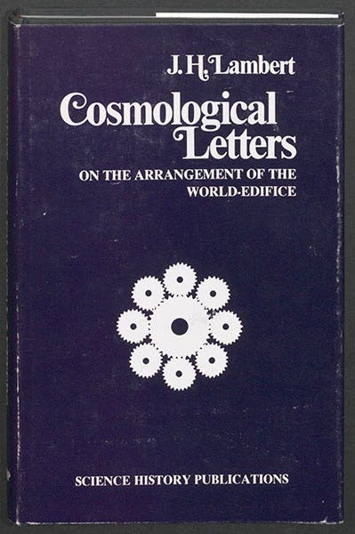 Dust jacket, Cosmological Letters, an English translation of Cosmologische Briefe, by Johann Lambert, 1976 (Linda Hall Library)