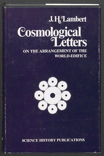 Dust jacket, Cosmological Letters, an English translation of Cosmologische Briefe, by Johann Lambert, 1976 (Linda Hall Library)
