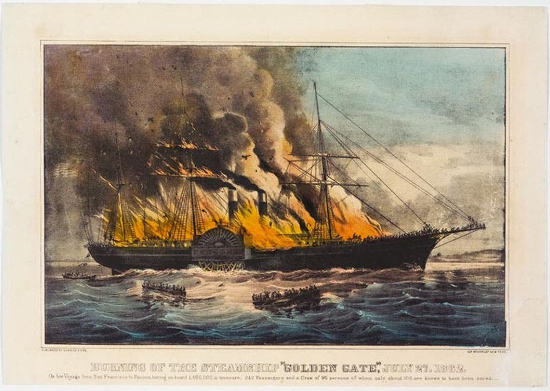 Burning of the Steamship Golden Gate, July 27, 1862, hand-colored lithograph by Nathaniel Currier and James Ives, 1862, Springfield Museums (springfieldmjuseums.org)