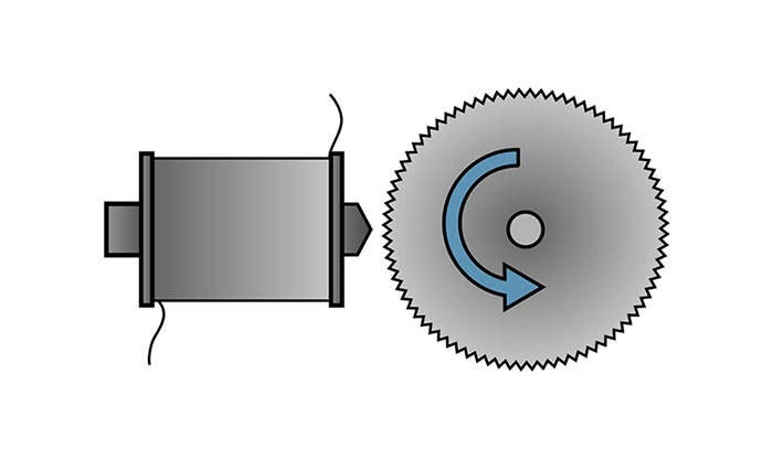 Diagram of a tone wheel; when it rotates, the indentations on the wheel generate a tone in the electromagnetic pickup (Wikipedia)