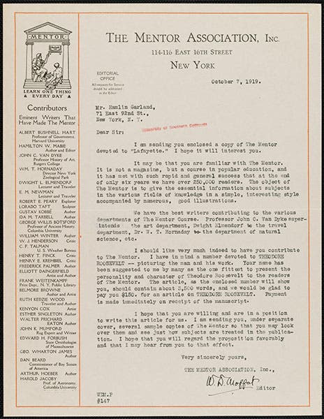 Letter from William D. Moffat to Harlin Garland, Oct. 7, 1919, asking Garland if he would write an article on Theodore Roosevelt for a future issue of The Mentor, USC Digital Library (digitallibrary.usc.edu)