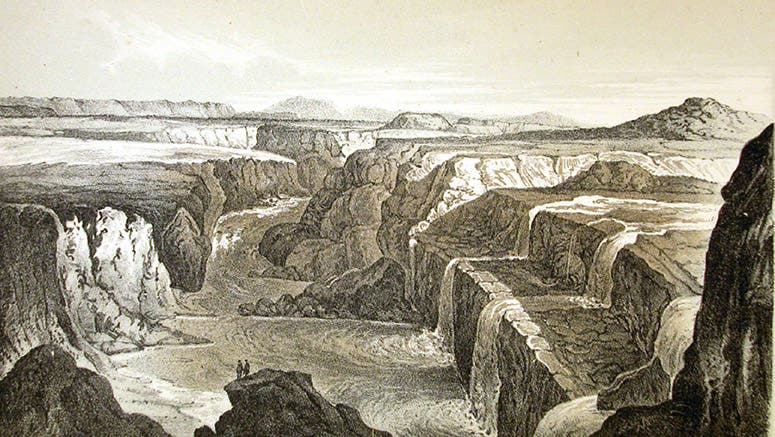 Camp 39 canyon, lithograph after drawing by Richard Kern, Report of an Expedition down the Zuni and Colorado Rivers, by Lorenzo Sitgreaves, 1854 (Linda Hall Library)
