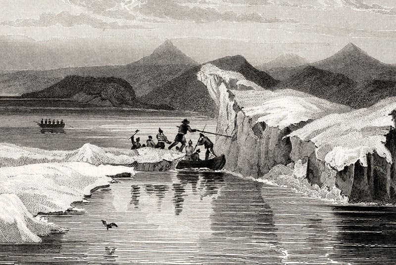 The boat Belfast “squeezed by ice,” detail of engraving, John Franklin, Narrative of a Second Expedition, 1828 (Linda Hall Library)