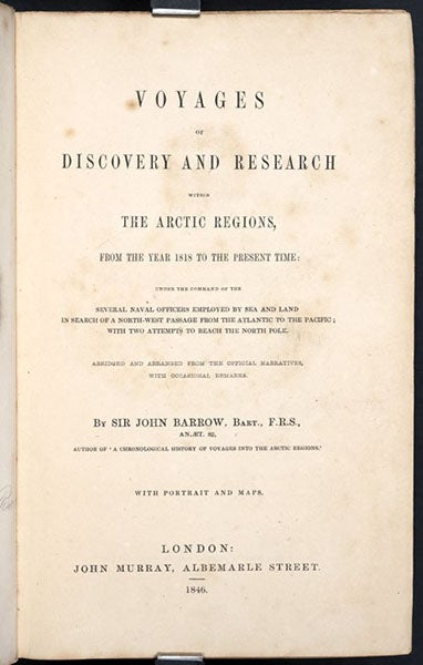 Title page, Voyages of Discovery and Research within the Arctic Regions, ed. by John Barrow, 1846 (Linda Hall Library)