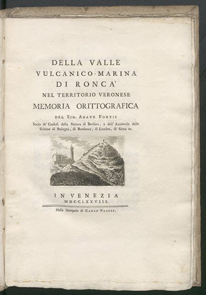 Title page, Alberto Fortis, Della valle vulcanico-marina di Ronca nel territorio veronese memoria orittografica, 1778 (Linda Hall Library)
